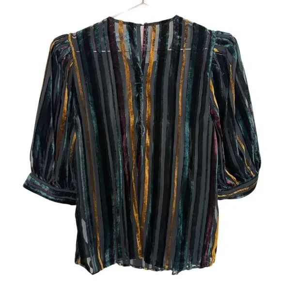 Do+Be Striped Burn Out Puff Sleeves Size Small Sheer Blouse Holiday Office Vixen - Picture 2 of 4